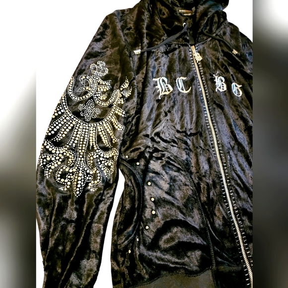 BCBG Maxazria Women's Jacket Velour  Hooded, Silver Studded Black Velvet - Picture 2 of 7